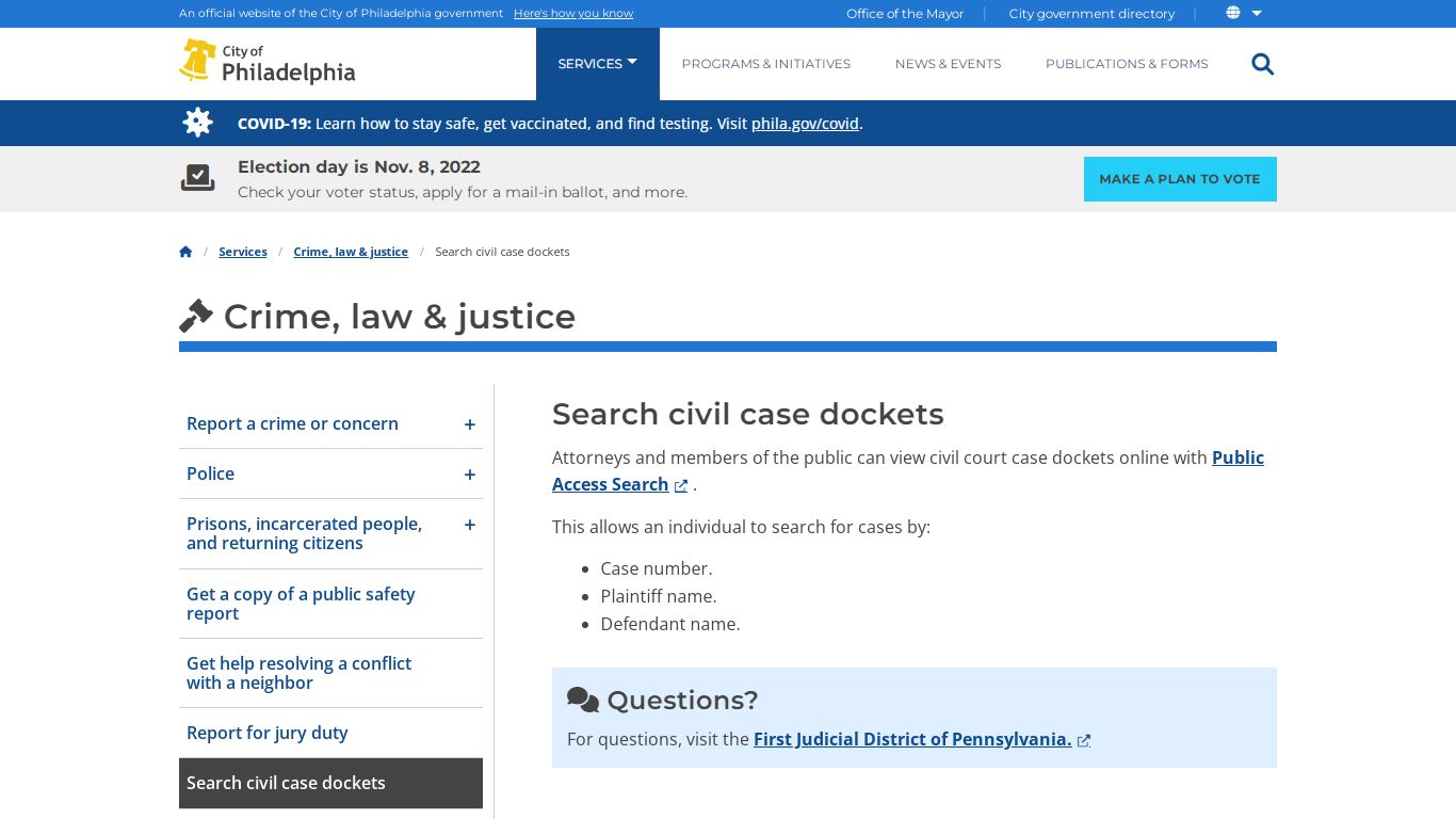 Search civil case dockets | Services | City of Philadelphia
